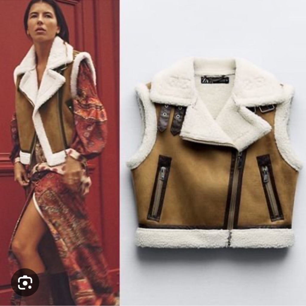 Zara Tan And White Shearling Vest